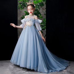 Light Sky Blue Ball Gown Flower Dresses For Wedding 2024 Sequined Shiny Gold Appliqued Pageant Gowns Sweep Train Tulle Toddler Girl First Holy Communion Dress