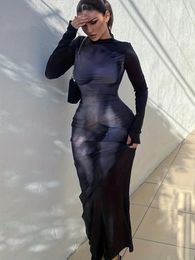 Casual Dresses Body Shape Print Dress Sexy Mock Neck Long Sleeve Bodycon Maxi With Thumb Hole Women's Clothing