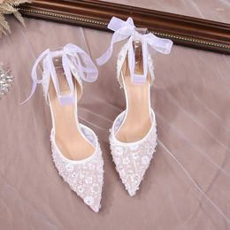 Dress Shoes Size 33-42 2024 Summer Beaded Women White Wedding Ankle Strap Pointed High Heel Pumps