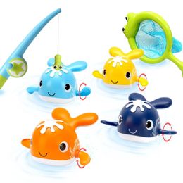 Magnet Fishing Wind-up Swimming Whales Bathtub Toy Baby Bath Toys Fishing Game Water Tub Toys Set with Fishing Pole Net for Kids 240104