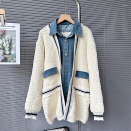 Women S Sweaters Denim Patchwork Single Breasted Jacket For Winter Loose Casual Knit Cardigans White Sweater One Piece Jumpers