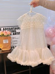 Girls Prin Cess Dress Casual Spring Summer Childrens Wear Korean Pearl Neck Princess Fashion Yarn 240104