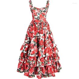 Casual Dresses 2024 Fashion Designer Runway Ball Gown Summer Women Spaghetti Strap Backless Floral Print Cascading Ruffle Beach Dress