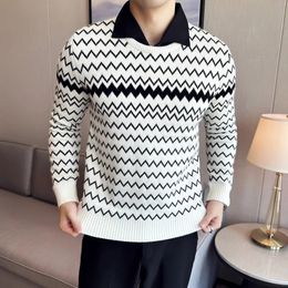 Men's plaid fake two-piece shirt collar knitted sweater warm autumn and winter thick jacquard knitted plaid casual fabric 240104