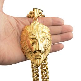 Hip Hop Big Lion Head Cuban Chain Pendant Necklace Cool Men Gift 316L Stainless Steel 18K Gold Plated Jewellery