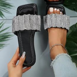 Slippers Women's Shoes On Sale 2024 Basic Outdoor Daily Women Crystal Pleated Square Toe Flat With Ladies