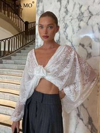 Women's T Shirts Deep V Neck Appliques Lace See Through Long Sleeve Top T-shirt Tee Femme Sexy White Loose Knot Ruched Crop Tops