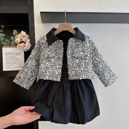 Clothing Sets 2024 Autumn Winter Girls Two Piece Cotton Coat Dress Turn-down Collar Sequin Fashion Soft Outwear