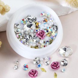 Nail Art Decorations Rose Pink Metal Flower Pearl Parts Shining Diamond Crystal Rhinestone Alloy Jewellery Kit DIY Charms Gel