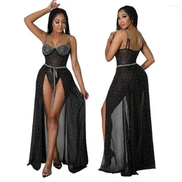 Work Dresses Cutubly Sets 2 Pieces Women's Diamonds Suit Fashion Sexy Straps Bodysuits Tops Jumpsuit Skirts Outfits Two Piece Set Party