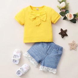 Clothing Sets 1-4-Year-Old Baby Girl Cute Sweet Knitting T-Shirt Lace Denim Shorts 2024 Summer Bowknot Children's Suit 95% Cotton