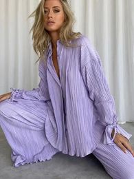 2024 Women Pleated 2 Piece Sets Long Sleeve Blouse Tops And Split Wide Leg Pant Suit Female Fashion Casual Loose Homewear Outfit 240104