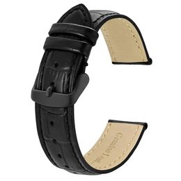 BISONSTRAP Genuine Leather Watch Bands 18mm 24mm Alligator Embossed Cowhide Watchstraps for Unisex Black Buckle Replacement 240104