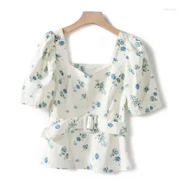 Women's Blouses Elfstyle Ladies Cotton Blend Floral Printed Short Sleeve Top With Waist Ties