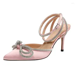 Dress Shoes Rhinestone Baotou Sandals 2024 Summer Fairy Wind Pointed Pink High-heeled Bow Tie Thin Heel Winding Bandage