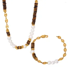 Necklace Earrings Set Grace Ladies Jewelry 18K Gold Plated Stainless Steel Tiger's Eye Beads Freshwater Pearls Bracelet And