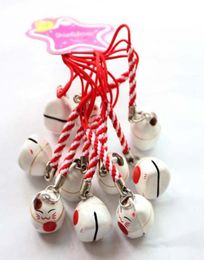 New 100pcs Cute White HAPPINESS Maneki Neko Lucky Cat Fan Bell Cell Phone Charm Strap Gift6156166