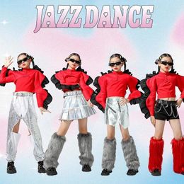 Stage Wear 2024 Jazz Modern Dance Costumes For Kids Red Crop Tops Sliver Pants Suit Girls Hip Hop Performance Rave Clothes DQS15293