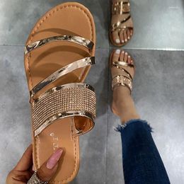 Sandals European And American Foreign Trade Large-sized Diamond Flat Bottomed Open Toed Women Wearing Metal Texture Beach Slippers