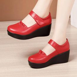 Dress Shoes 6cm Small Size 32-43 Comfortable Med Heels Pumps Soft Leather Mary Janes 2024 Women's Platform Wedges For Office Mom Dance
