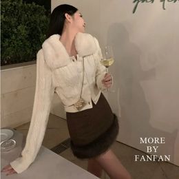 Knitted Sweater Women Korean Style Fur Collar Cardigan Female Long Sleeve Y2K Short Coat with Faux Elegant Fashion Tops 240104