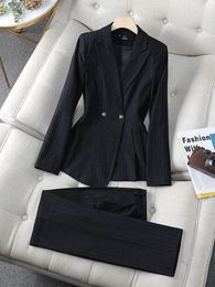 Women's Two Piece Pants Suits For Women Coat 2024 Formal Blazers Office Lady Work Suit Slim Long Sleeve Double Breasted Blazer Classic Black