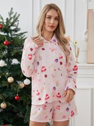 Women's Sleepwear Women Two Piece Pyjamas Set Comfy Animal Print Button Down Long Sleeve Shirt Tops And Shorts Lounge