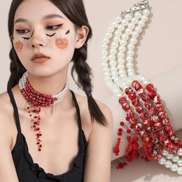 Choker Exaggerated Multi-layer Blood Pattern Pearl Red Bead Short Necklace Gothic Personalized Halloween Party Dinner Decor Jewelry Gif