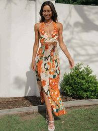 Casual Dresses Halter Sleeveless Print Beach Boho Summer Dress Long Women Floral Hollow Out Split Sundress Vintage French Style