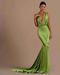 Classy Long Halter Neck Satin Evening Dresses Backless Sleeveless Mermaid Sweep Train Custom Made Party Gowns