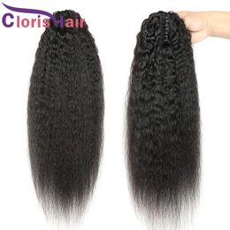 Ponytails Kinky Straight Claw On Ponytail Brazilian Virgin Coarse Yaki Clip In Human Hair Extensions Full Natural Ponytails Hairpiece For Bl
