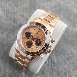 Wristwatches 39mm Rose Gold Case Men's Quartz Watch Chronograph Sapphire Glass Stainless Steel Multifunctional Luminous Mens