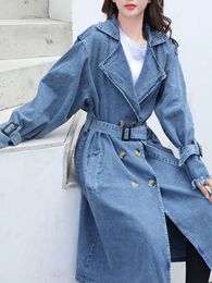 Spring Autumn Women Fashion Denim Trench Coat Double Breasted Laceup Long Jean Jacket Vintage Solid Colour Outwear 240103