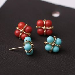 Bohemia Red Blue Colour Turquoise Stud Earrings for Women Girl Fashion Delicate Stone Flower Shaped Metal Geometric Earrings Gift