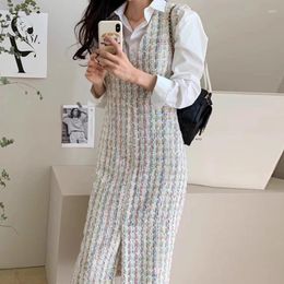 Casual Dresses Tweed Dress Women Autumn Double Temperament V-neck Mid-Length Sleeveless Vest Dres Vestidos Chic Korean Style A Line