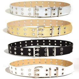 Belts NEW Star Eye Rivet Belt Goth Style Double Pin Buckle Manwoman Fashion Casual Puck Style Pu Leather Waistband for Jeans Young Hot