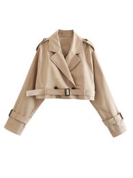 YENKYE Women Fashion With Belt Oversized Cropped Trench Coats Vintage Double Button Long Sleeve Ladies Short Khaki Jacket 240104