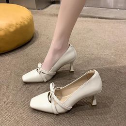 Dress Shoes Bow Mary Janes Women Elegant Trend 2024 Spring High Heels Shallow Lolita Square Toe Pumps Zapatos Femme