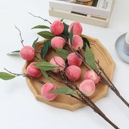 Decorative Flowers 6Heads Lifelike Artificial Peach Simulation Tree Branches With Fruit Fake Plant For Home Living Room Decoration