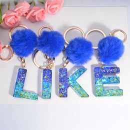 Keychains 26 English Alphabet Resin Letters Pendant With Plush Ball Keychain Blue Color Glitter Woman A-Z Initial Letter Keyrings