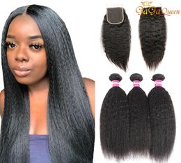 Human Hair Bundles With Lace Closure Kinky Straight Hair Brazilian Virgin Hair Natural Colour 4x4 lace Closure With 3 bundles7592031