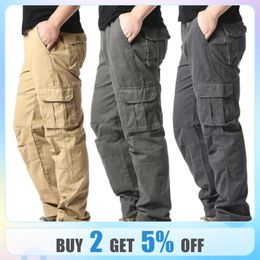Large Pocket Loose Overalls Men's Outdoor Sports Jogging Military Tactical Pants Elastic Waist Pure Cotton Casual Work Pants 240103