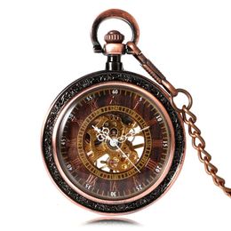 Steampunk Archaize Antique Copper Skeleton Carving Mechanical Hand Wind Pocket Watch for Men Women Gift With 30 cm Chain 240103