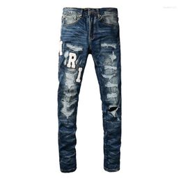 Men's Jeans Blue Slim Fit Streetwear Style Colorful Bandana Patchwork Skinny Pants Stretch High Street Ripped