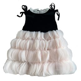 Girls splicing lace tulle princess dresses kids ruffle collar lace-up Bows vest dresses 2024 spring children birthday party clothes Z6489