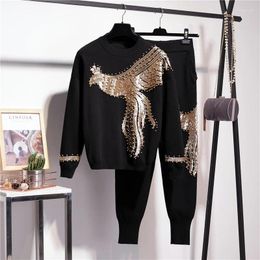 Women's Two Piece Pants Black Beading Sequins Phoenix Knitted Tracksuit Women Outfits Autumn O Neck Pullover Long Pencil Pant Casual