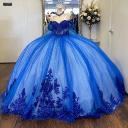 2024 синее блестящее Quinceanera милое кружевное платье принцессы с аппликацией из бисера для девочек 16 лет, бальное платье для дня рождения 322