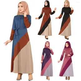 Ethnic Clothing RamadanTax Products Turkey Latest Abaya Contrast Stitching Colour Elegant Dresses Lapel With Waistband Long Sleeve Muslim