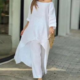 Women's Two Piece Pants Women Cotton Linen Tracksuit Set 2024 Summer Casual Loose Solid Blouse T-shirt Wide Leg Suit Outfits 2