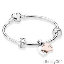 S925 Sterling Silver Luxury Bracelet Set Beaded Pink Girly Heart Fit Original Pendant Fashion Jewellery Diy Women's Gift with Box 16-21cm 9363 9363